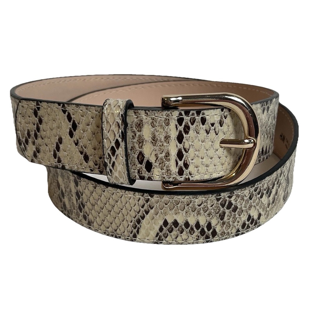 H&M Faux Phyton Leather Belt Women's Sz S/30 Gray Beige Gold Tone Buckle